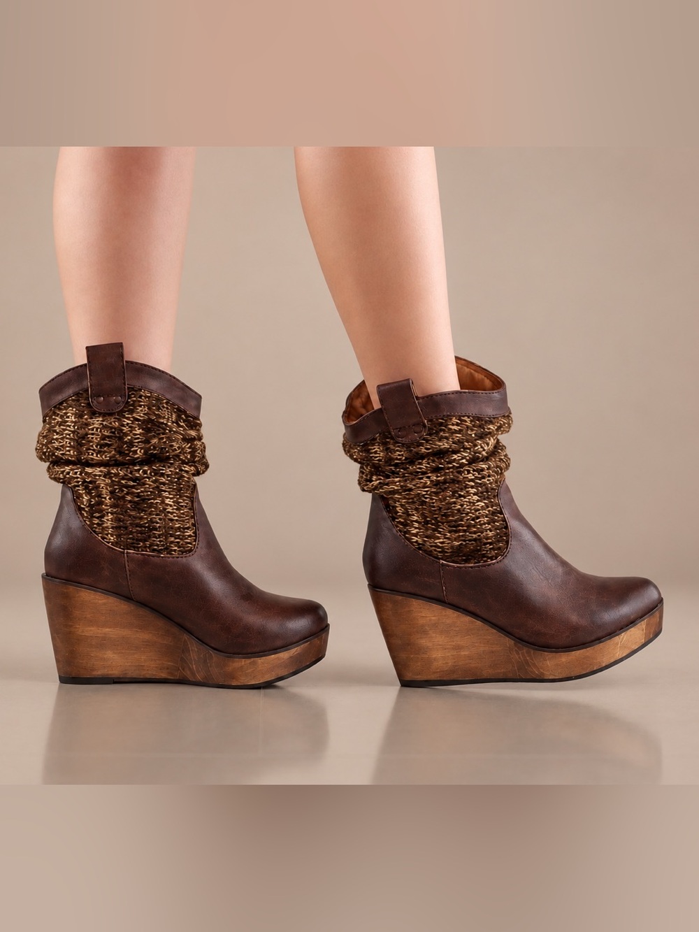 Bed Stu Brown Leather Wedge Boots with Knit Cuff